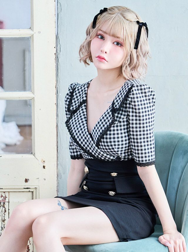 袖ありギンガムチェック柄レース襟デザインテーラードカラータイトミニドレス