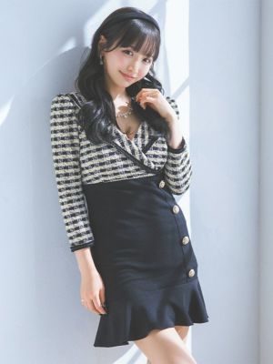 キャバドレス 韓国 袖ありテーラードカラーパイピングチェック柄切り替え裾フリルタイトミニドレス
