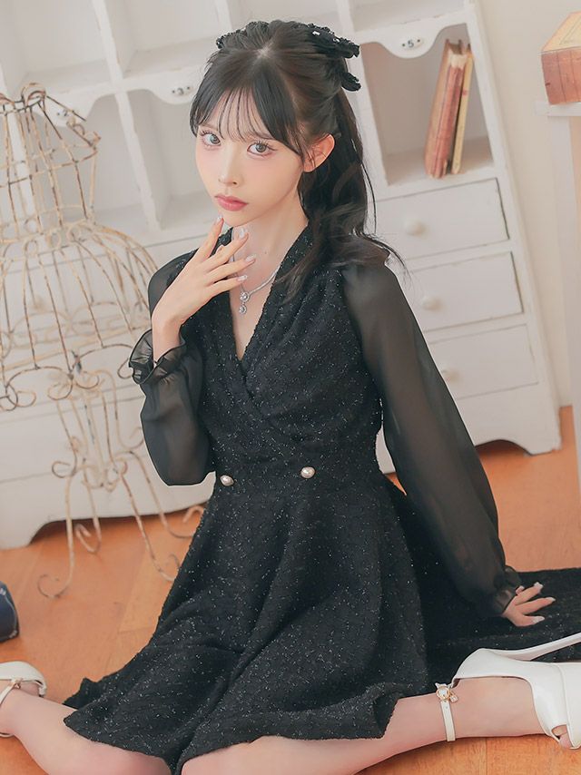 長袖シアー襟デザインパフスリーブ切り替えカシュクールウエストパールフレアミニドレス