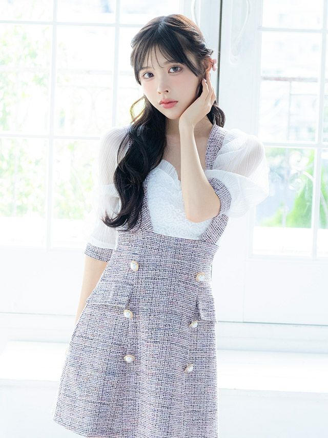 キャバドレス 韓国  フラワーレースドッキングサロペット袖ありパフスリーブハイウエスト切替フレアミニドレス