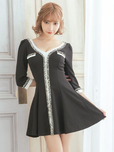キャバドレス 韓国 異素材モノトーン袖ありツイードフレアミニドレス