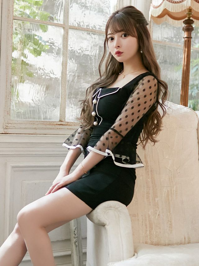 ドット柄シースルーパフスリーブ袖ありタイトミニドレス