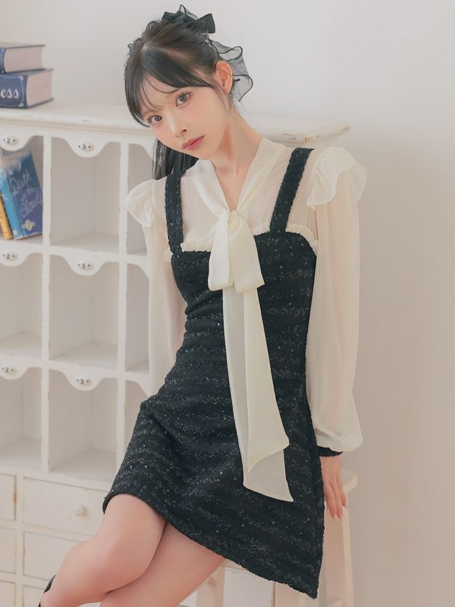キャバドレス 韓国  ボウタイ長袖フリルシフォンドッキングネックリボンフレアミニドレス