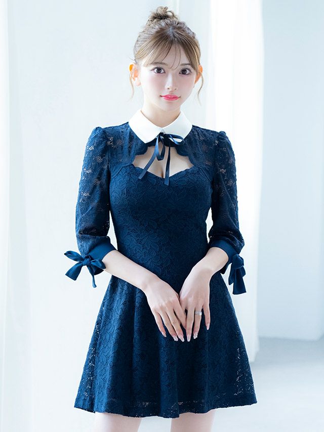 襟デザインネックリボン総レース袖ありフレアミニドレス