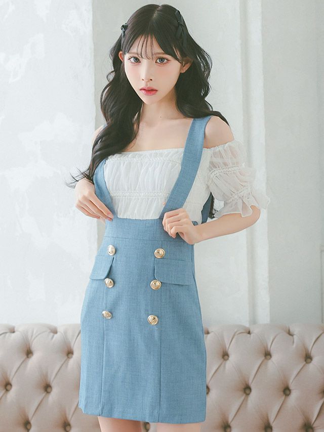 キャバドレス 韓国 肩あきギャザーサロペット風タイトミニドレス
            