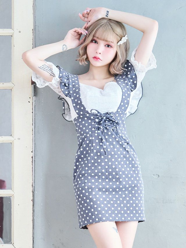 キャバドレス 韓国 オフショルダーレース×ドット柄ショルダーフリルサロペットデザインタイトミニドレス