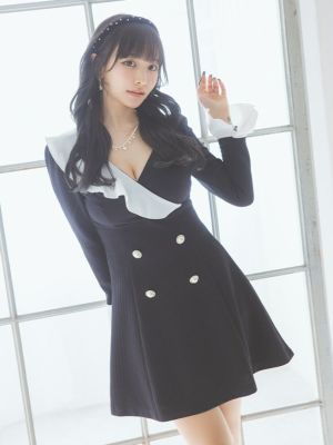 美ライン韓国ドレス＊Tika＊ホワイトフリル付ワッフルフレアドレスM 谷間魅せドレス | キャバドレス・韓国ドレス通販はPimil[ピミル]