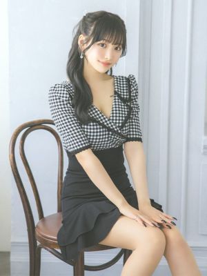キャバドレス 韓国 襟デザインリボン半袖パフスリーブウエストカットモノトーンミニドレス