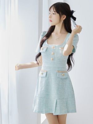 [韓国ドレス] スクエアネックパフスリーブ半袖ツイードフレアミニドレス