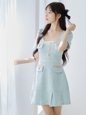 キャバドレス 韓国 スクエアネックパフスリーブ半袖ツイードフレアミニドレス