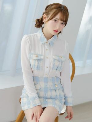 襟付き 長袖 シフォンシャツ チェック柄 セットアップ タイトミニドレス