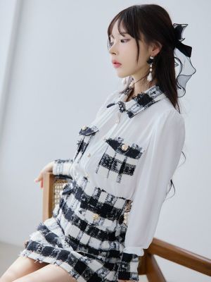 キャバドレス 韓国 チェック柄襟付き長袖シフォンシャツセットアップタイトミニドレス