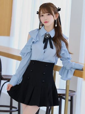 キャバドレス 韓国 フラワーブローチ付きネックリボン肩あき襟デザインフリル長袖シャツセットアップフレアミニドレス