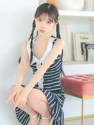 [韓国ドレス] 襟付きノースリーブマリン風ボーダーフレアミニドレス