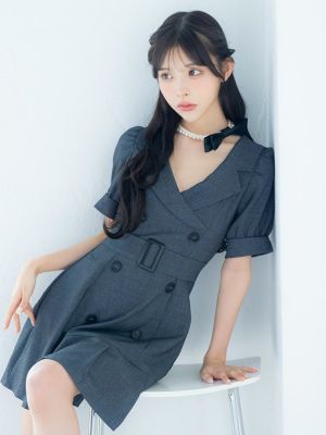 [韓国ドレス] ベルト付き襟デザイン半袖シャツワンピースフレアミニドレス
