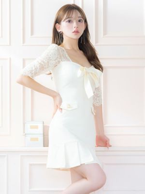 五分袖 レーススリーブ ネックリボン付き フリルスカート マーメイド ミニドレス