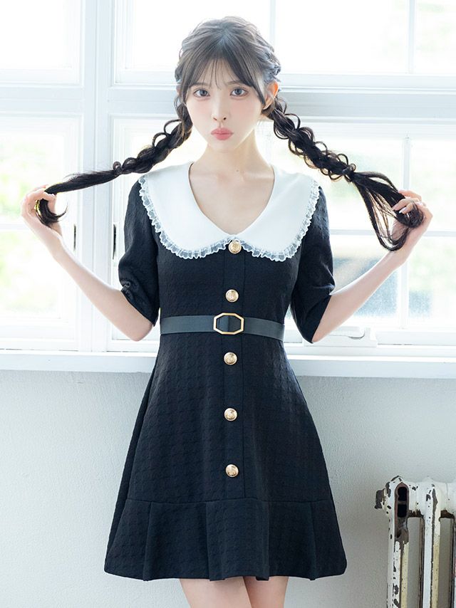 キャバドレス 韓国 フリル襟デザインベルト付きゴールドボタン半袖フレアミニドレス