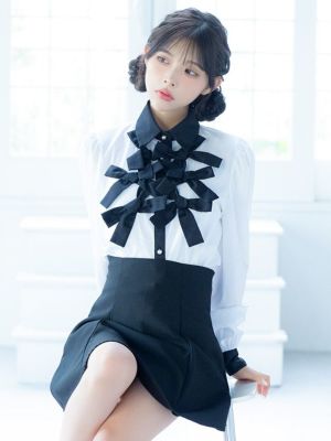 リボンデザイン 襟つき 長袖 モノトーン フレアミニスカート セットアップ