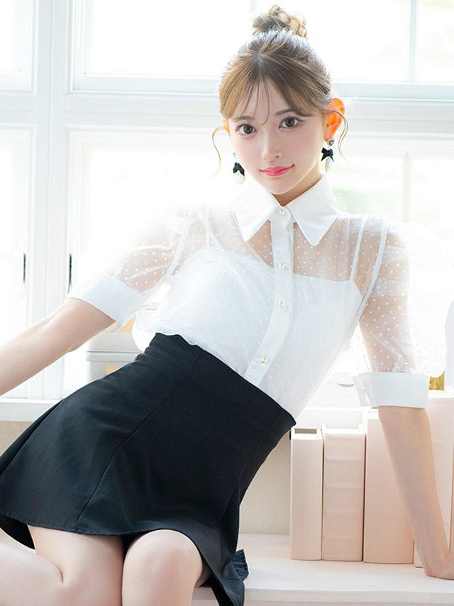 キャバドレス 韓国  襟つき半袖ドット柄シアーシャツフレアミニスカートセットアップ