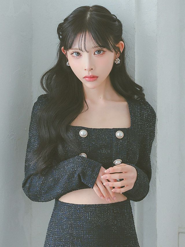 キャバドレス 韓国 パールボタン付き 長袖 ツイード マーメイドミニドレス