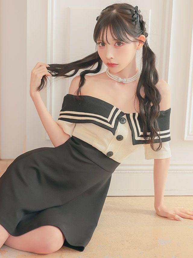 キャバドレス 韓国  襟デザイン半袖ボタンウエスト切り替えフレアミニドレス
