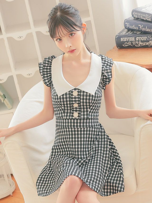 キャバドレス 韓国 襟デザイン ギンガムチェック ノースリーブ フリル ボタン フレアミニドレス