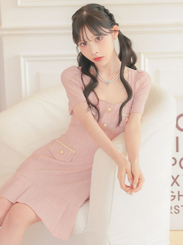 キャバドレス 韓国 スクエアネック半袖ゴールドボタンポケットフレアミニドレス
