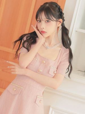 スクエアネック 半袖 ゴールドボタン ポケット フレアミニドレス