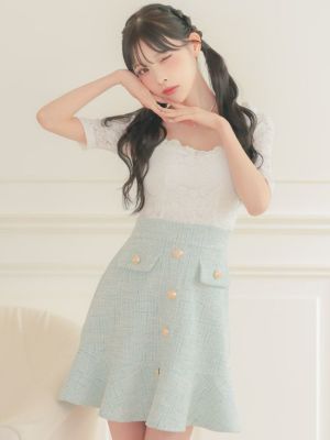レースアップウエスト切り替え袖ありシアースリーブゴールドボタンマーメイドミニドレス(韓国製キャバドレス)