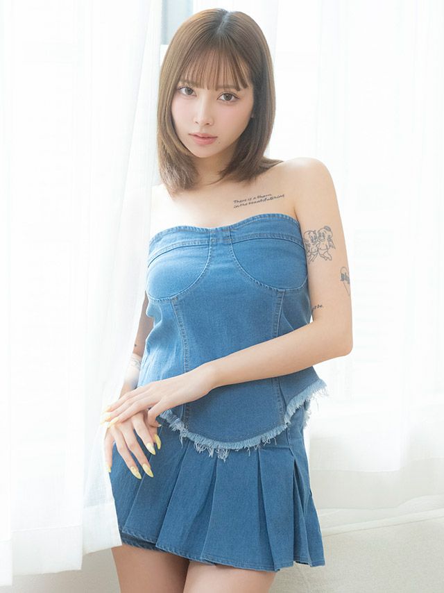 ベアトップ デニム風 プリーツ フレア ミニ セットアップドレス