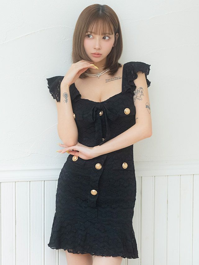 袖ありスクエアネックレースリボンゴールドボタンマーメイドミニドレス