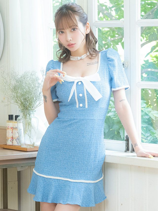 半袖 スクエアネック リボン ボタン ツイード ネックリボン マーメイドミニドレス