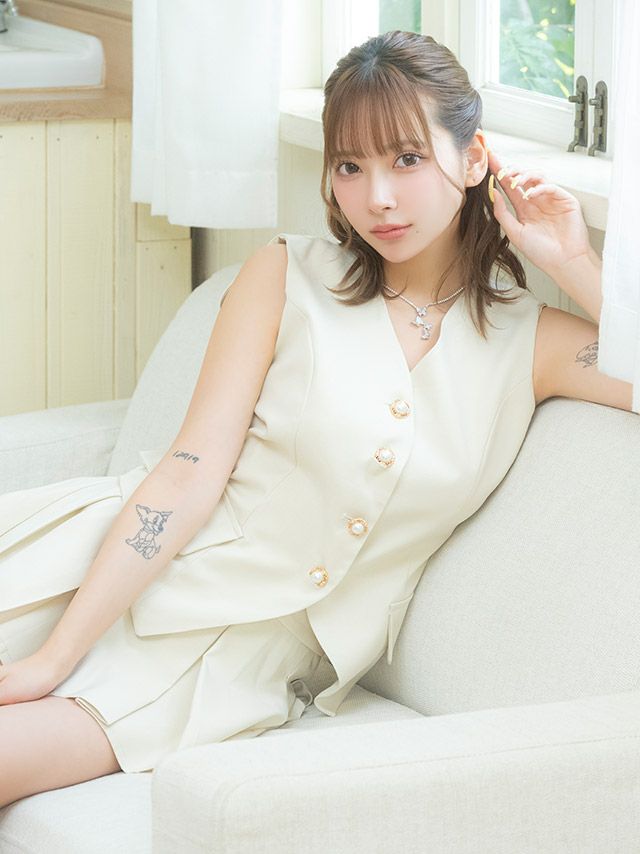 ノースリーブ ベスト スーツ風 フェイクポケット フレア セットアップ ミニドレス