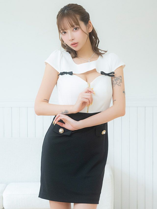 半袖 バストカット ジップデザイン リボン ウエスト切り替え フェイクポケット タイトミニドレス